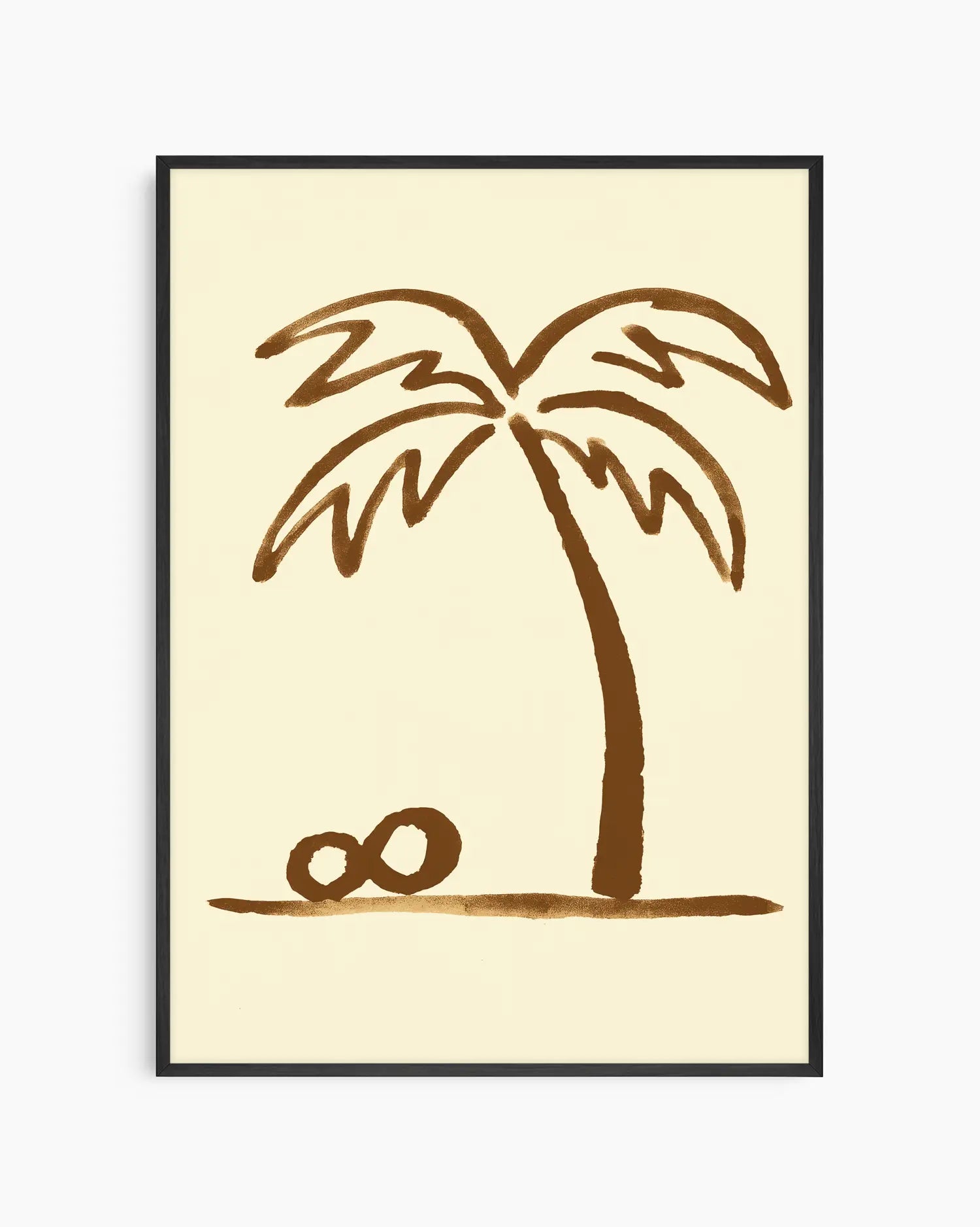 Framed artwork of a palm tree with a sand dollar on a beige background