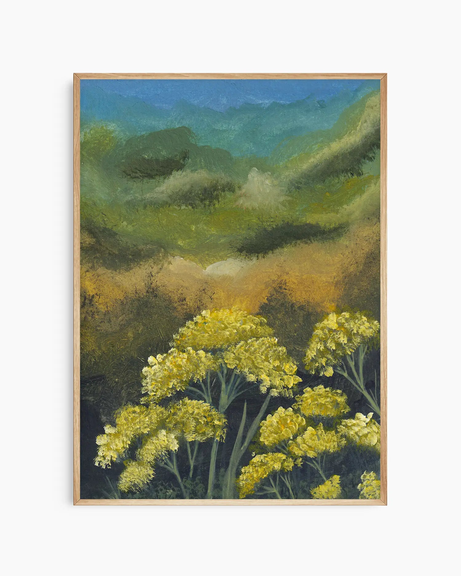 Framed painting of a landscape with yellow flowers and green hills.