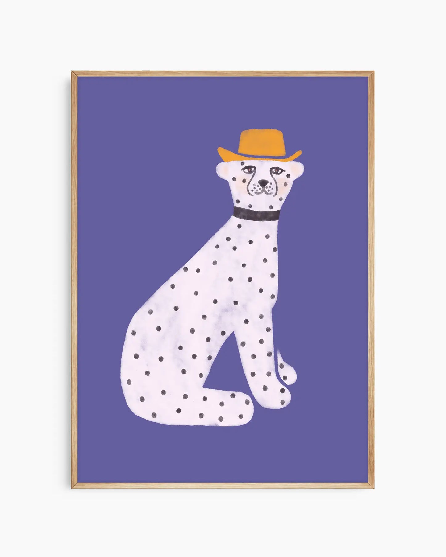 Framed artwork of a dalmatian dog wearing a hat on a purple background