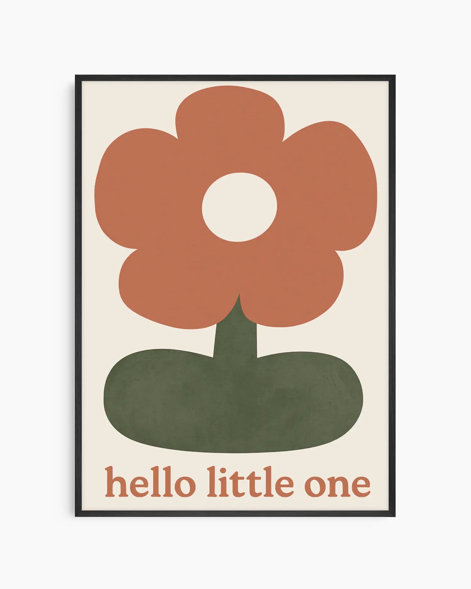 Framed artwork with a flower design and 'hello little one' text on a beige background