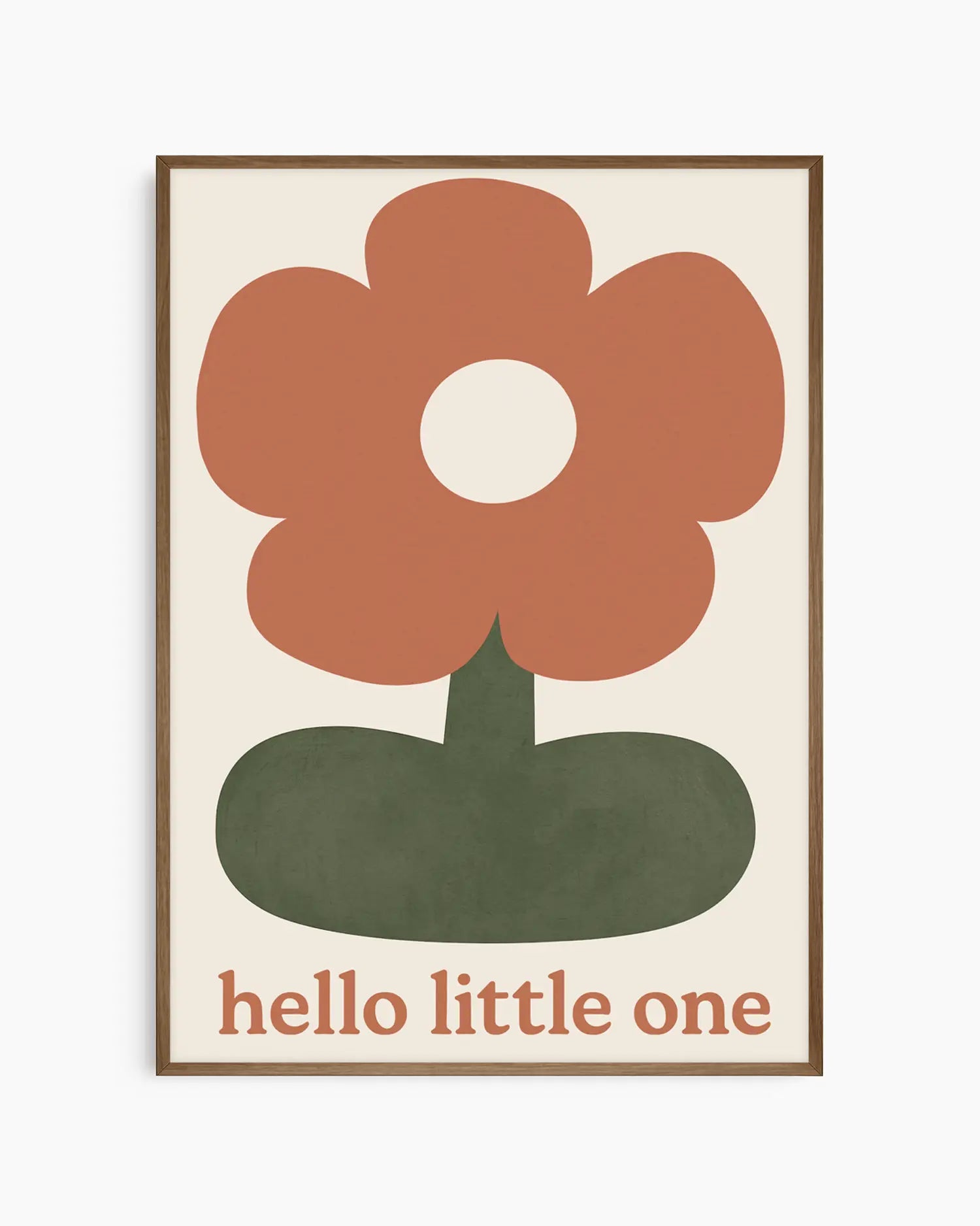 Framed artwork with a flower design and 'hello little one' text on a beige background