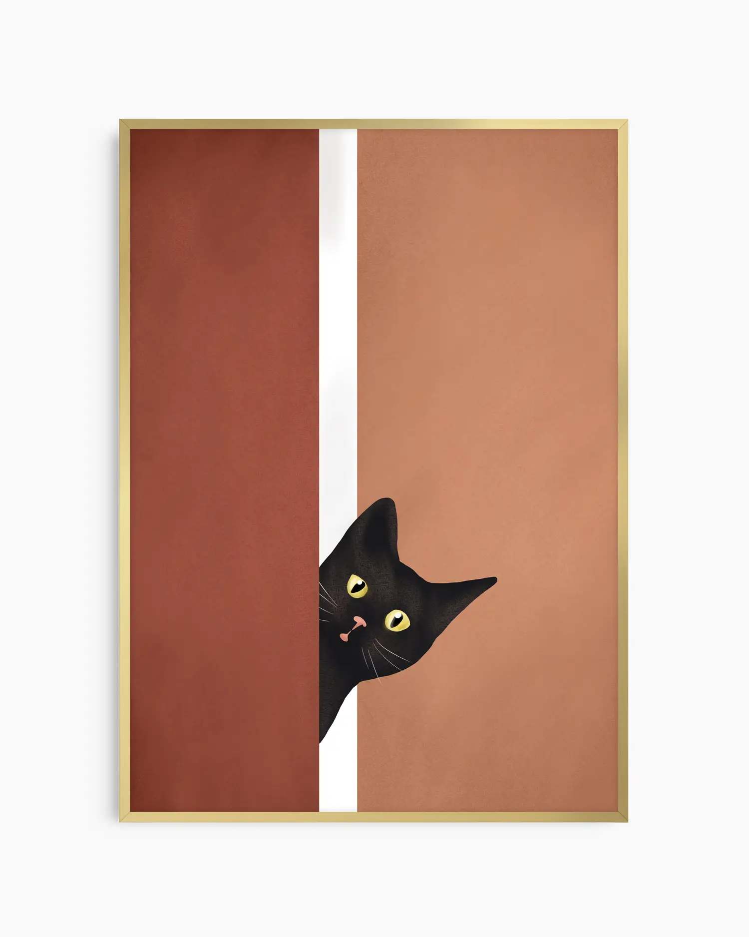 Black cat illustration peeking from a split door with a gold frame.