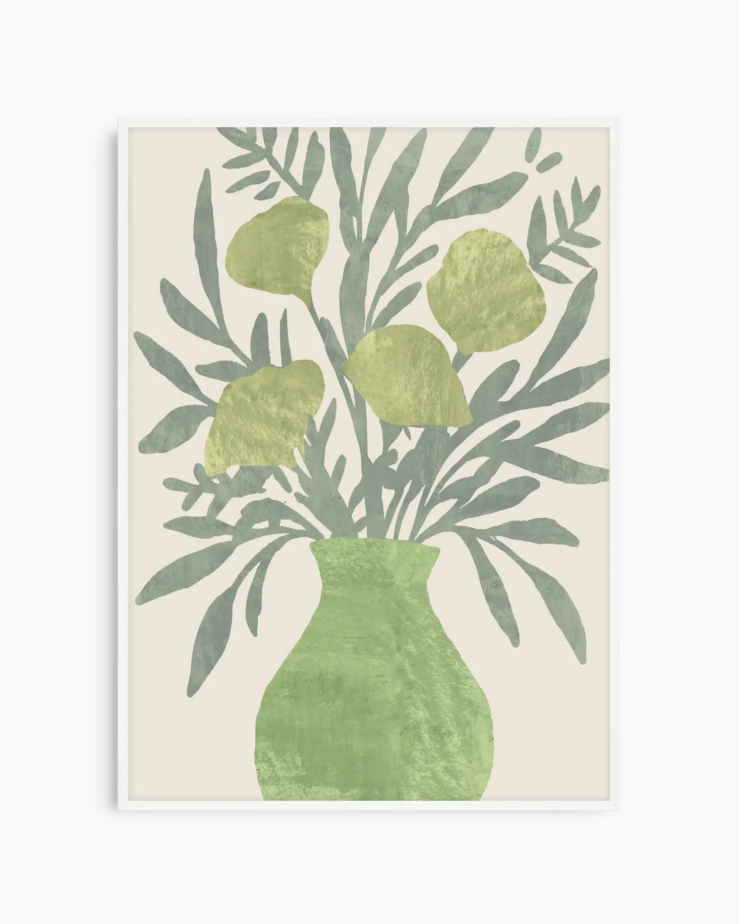 Framed artwork of a green vase with leaves on a beige background. White frame.