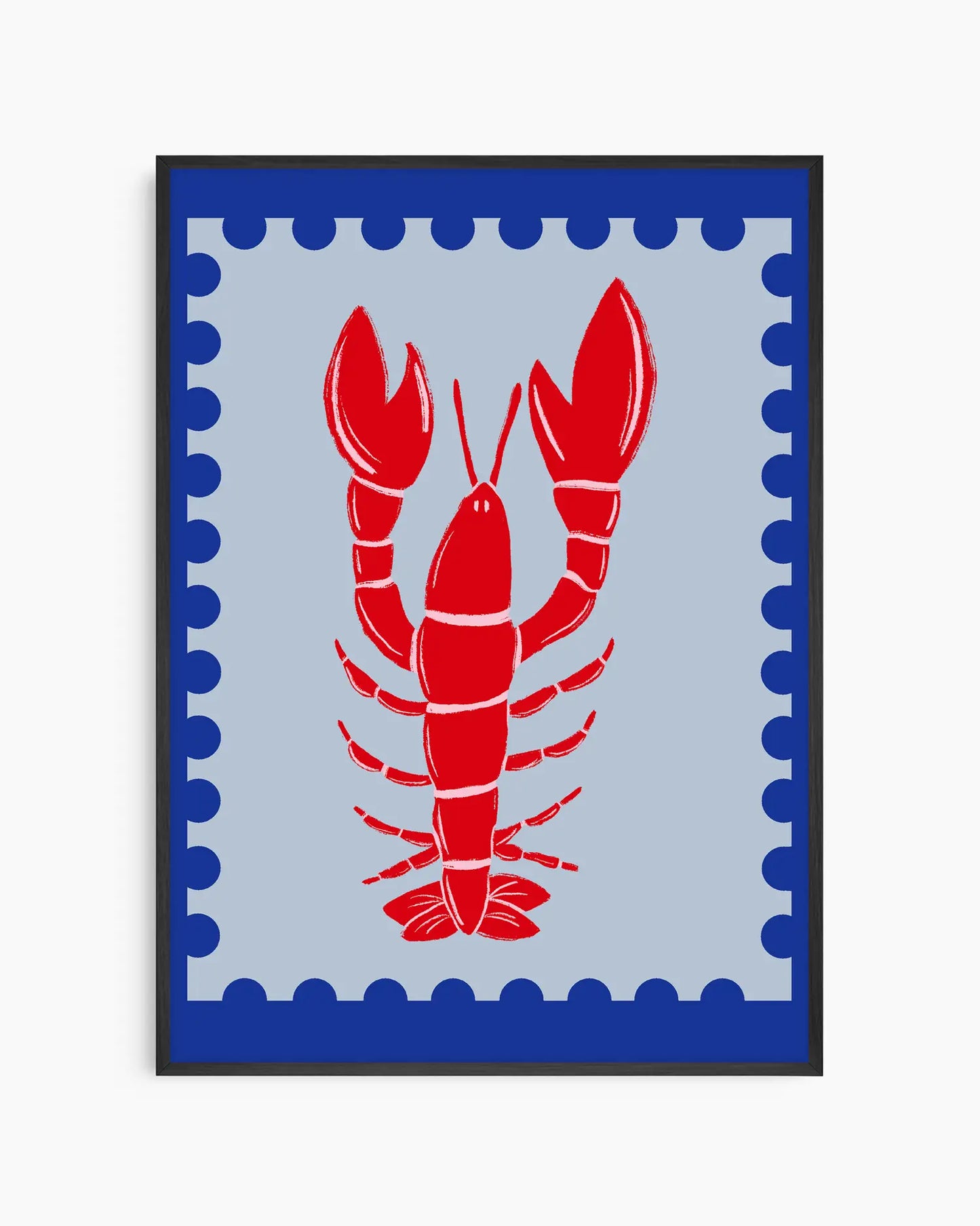 Red lobster design on a blue background with a decorative border