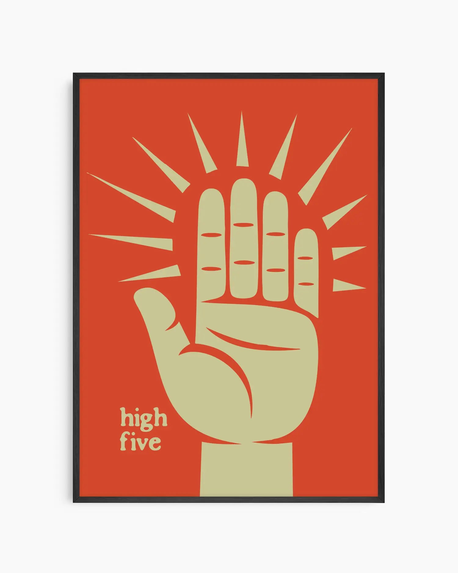 Nursery poster with a graphic of a hand giving a high-five on a red background framed in a black wooden frame.
