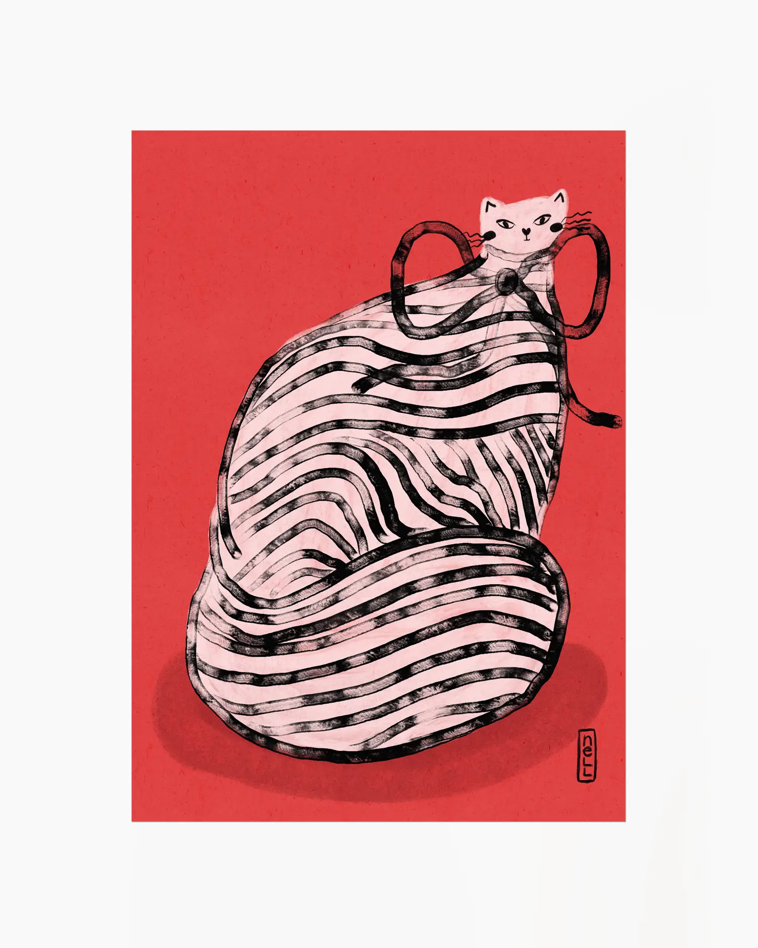 Illustration of a cat in a zebra-striped dress on a red background