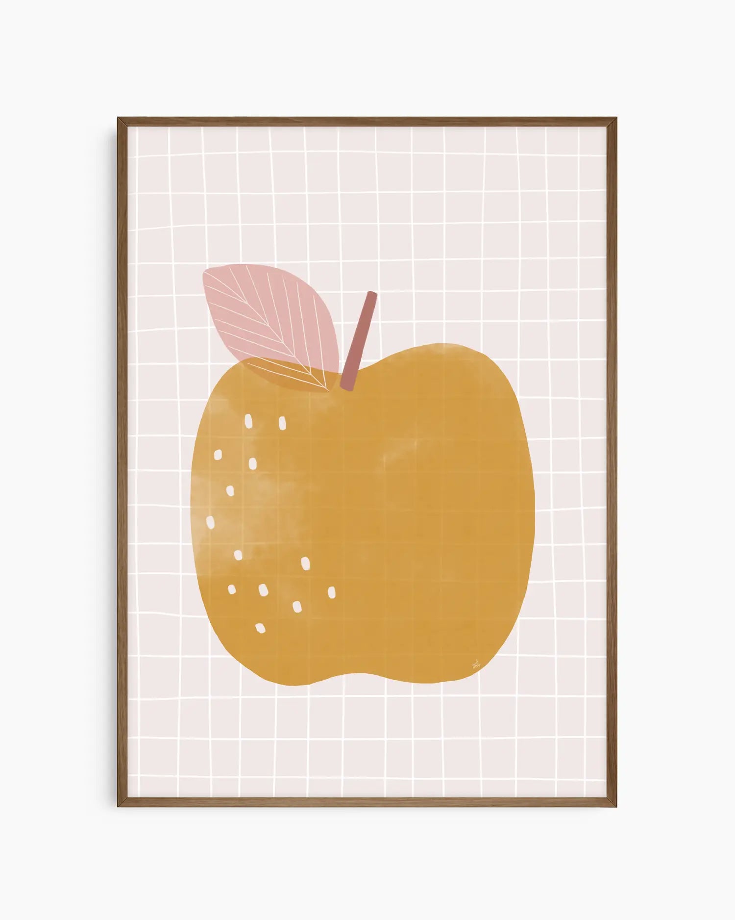 Framed artwork of a yellow apple with a pink leaf on a grid background