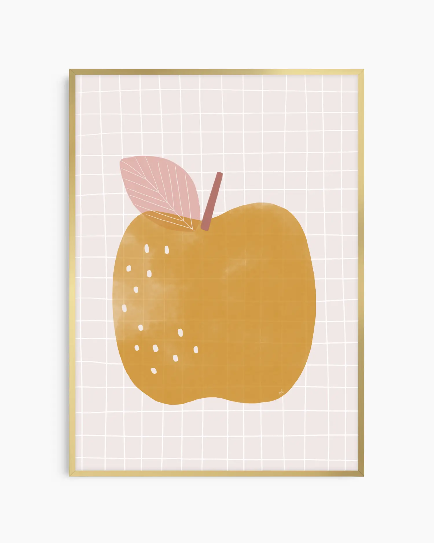 Framed artwork of a yellow apple with a pink leaf on a grid background