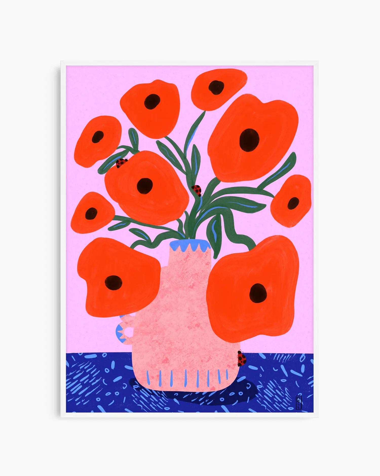 Illustration of a vase with red flowers on a pink and blue background