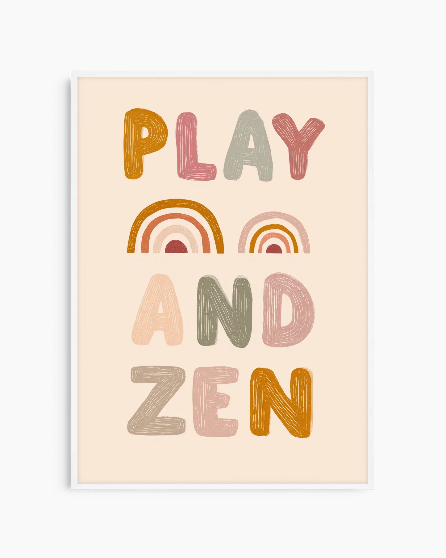 Poster with 'PLAY AND ZEN' text and rainbow designs on a beige background