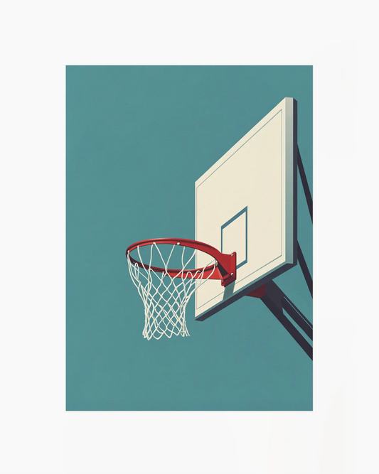 Basketball hoop with red rim and white backboard on a teal background