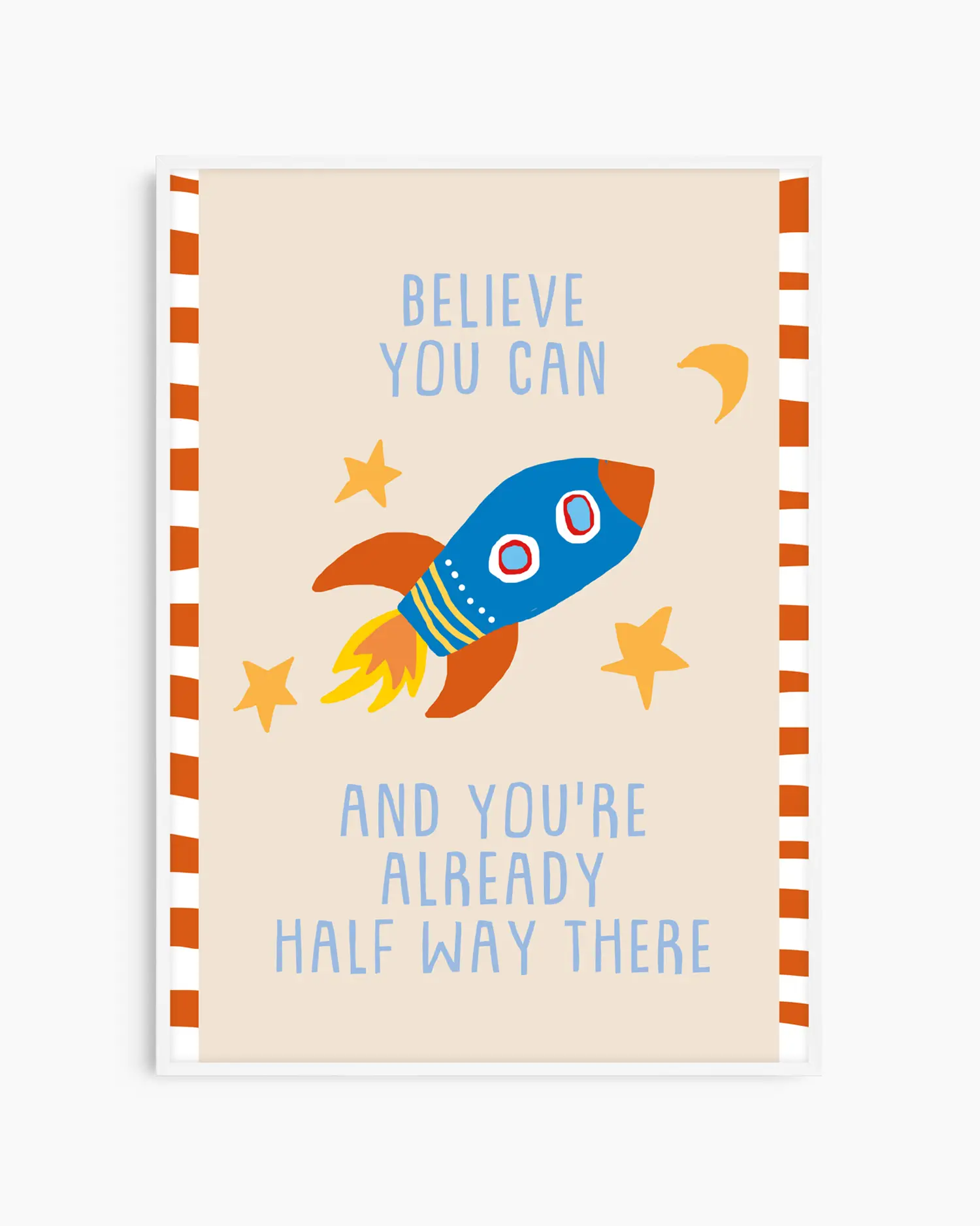 Motivational poster with a rocket ship and inspirational quote on a striped background
