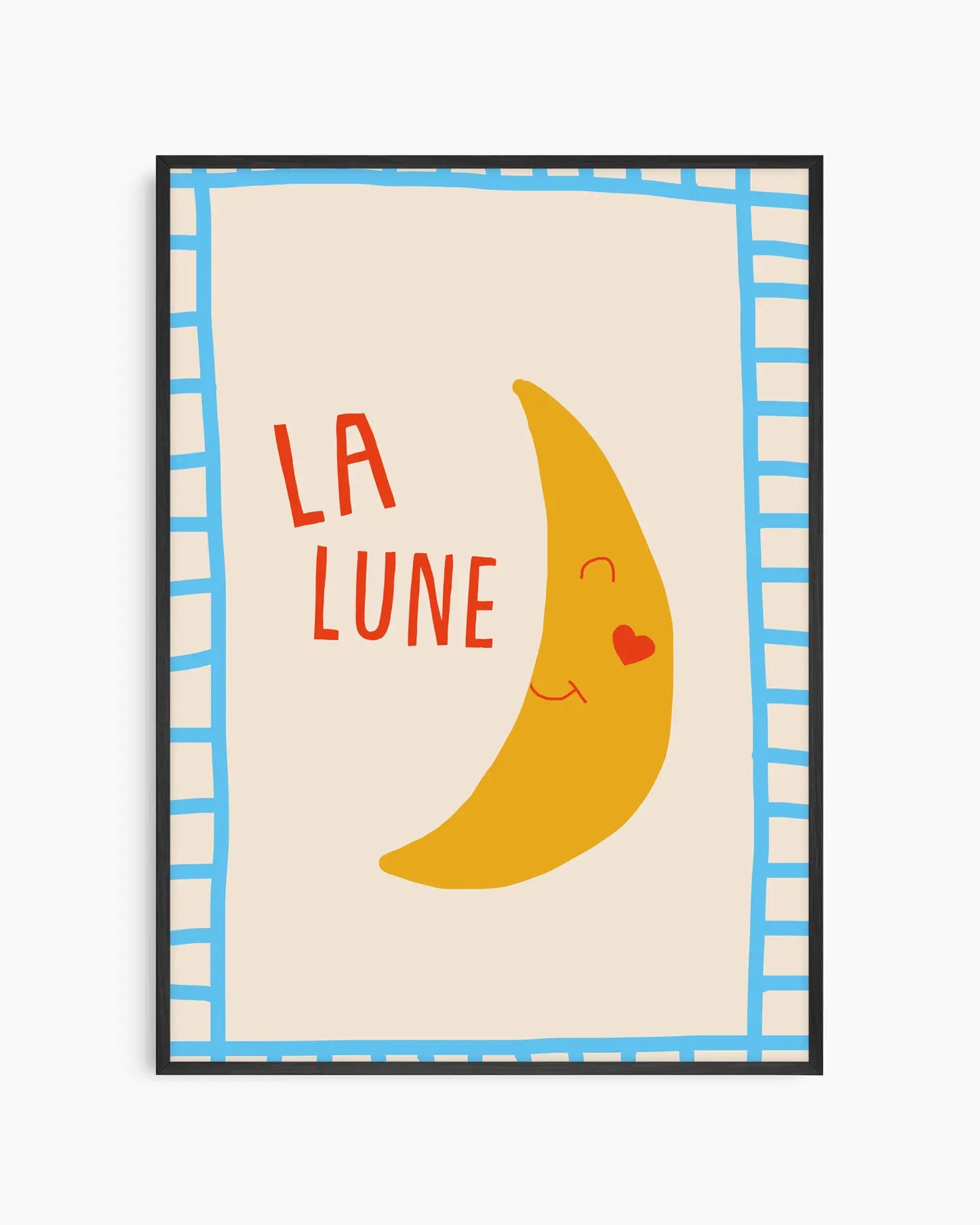 Framed artwork with a yellow crescent moon and 'LA LUNE' text on a beige background.