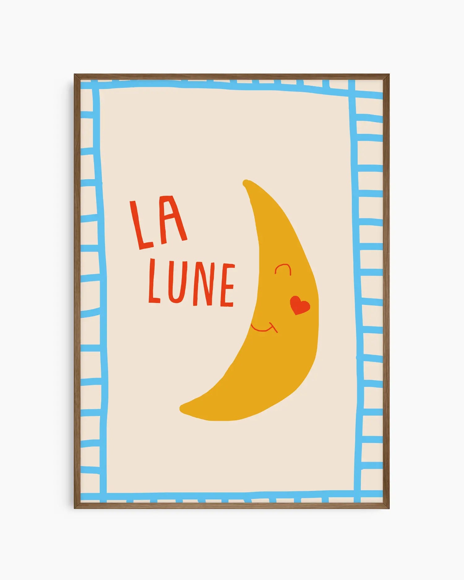 Framed artwork with a yellow crescent moon and 'LA LUNE' text on a beige background