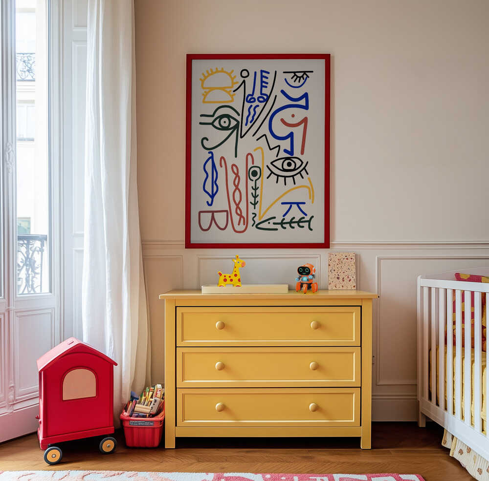 Vibrant abstract art print with whimsical shapes and line-drawn eyes, hanging above a yellow dresser in a children’s room. A creative and colorful wall art piece that brings artistic energy to modern kids’ interiors.