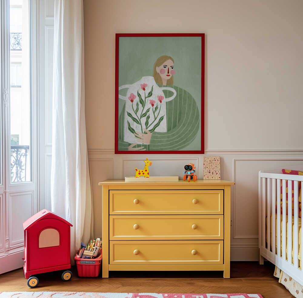 Poster of a women in green holding a big white vase filled with flowers on a green background hanging on the wall