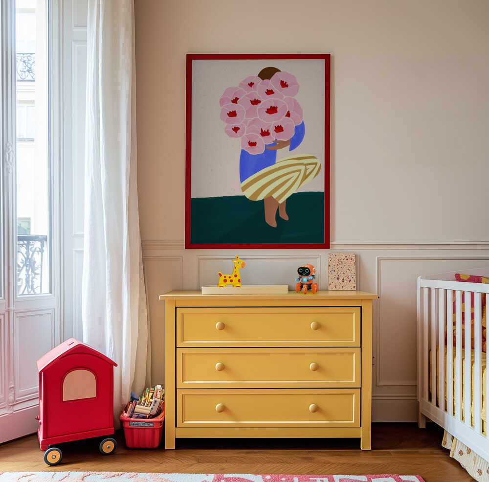 Framed poster of a person who's holding a big bouquet of pink flowers 
