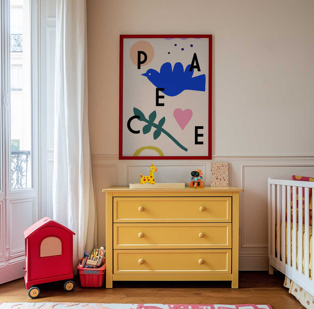 Framed 'PEACE' poster with a bird and a heart hanging in the children's room