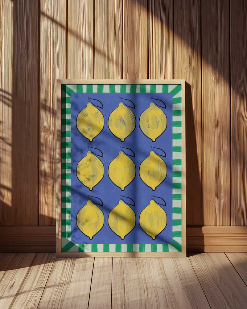 Poster of lemons on a blue background and a green striped frame around it