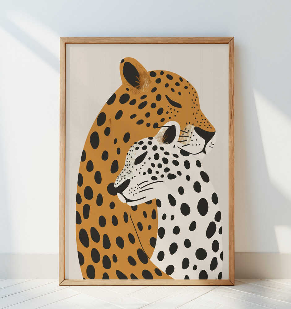 Nursery artwork of two leopards with different patterns on a beige background leaning against a white wall.